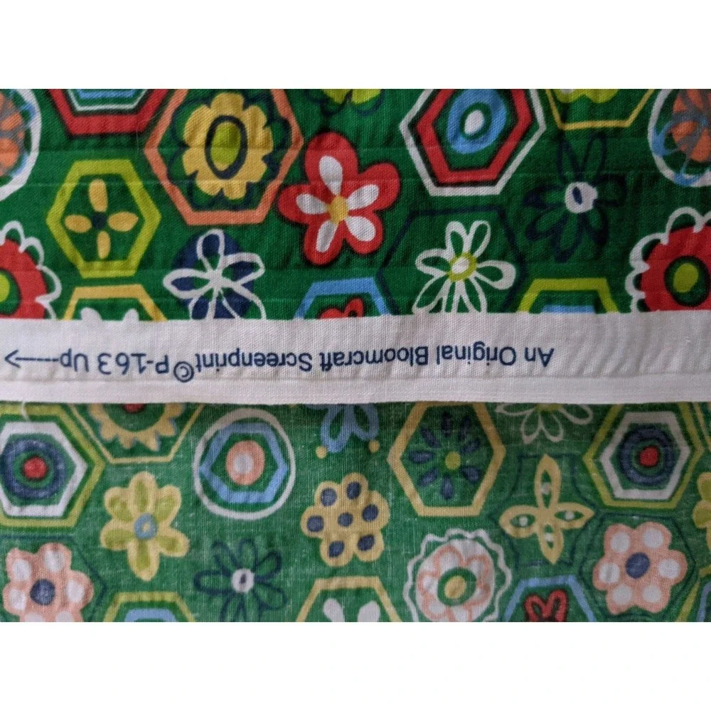 Vintage Bloomcraft Screenprint Fabric Green‎ Floral Hexagon Geometric 1 Yard